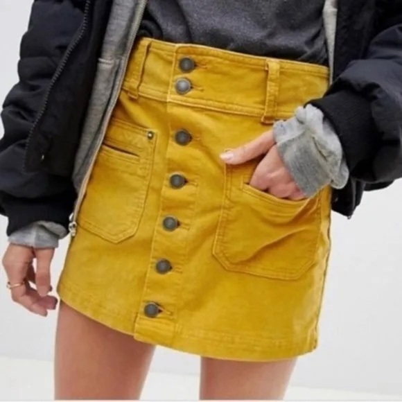 Free People Dresses & Skirts - We The Free Joanie Mustard Yellow Corduroy Button Down Mini Skirt Size 25